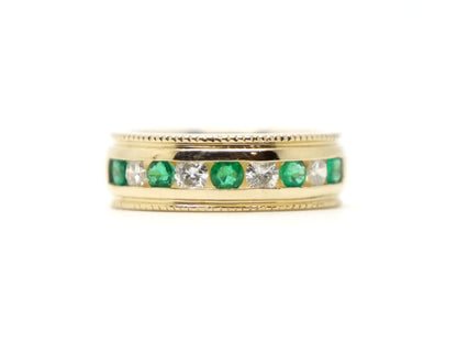 Wide Band Emerald & Diamond Half Eternity Ring