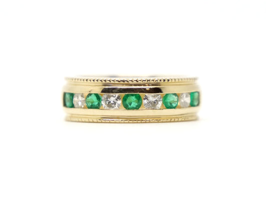 Wide Band Emerald & Diamond Half Eternity Ring