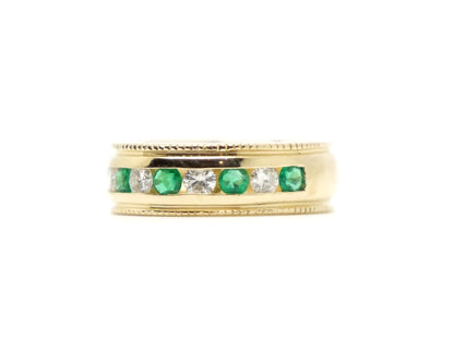 Wide Band Emerald & Diamond Half Eternity Ring