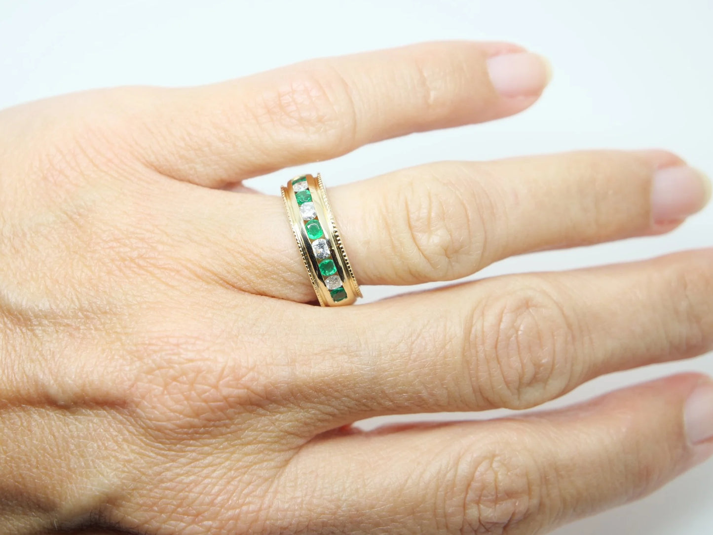 Wide Band Emerald & Diamond Half Eternity Ring